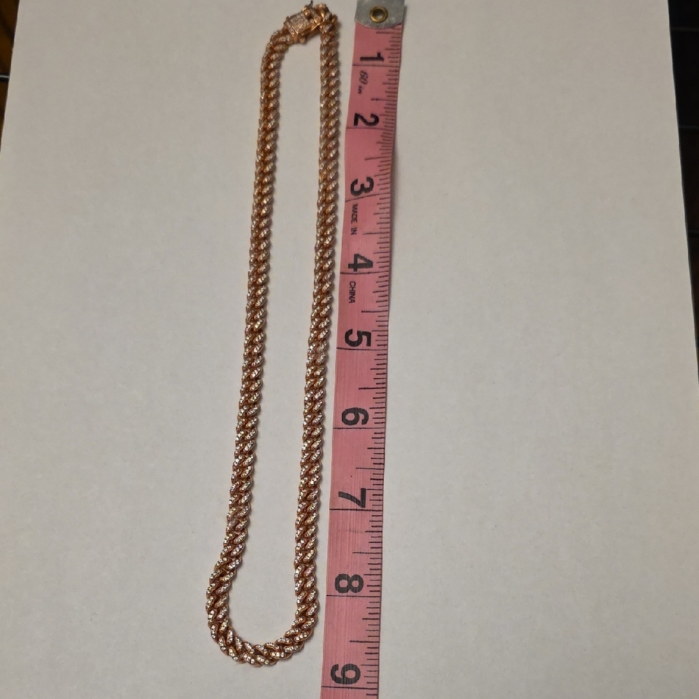 ROSE GOLD CUBAN CURB 925 ICED CHAIN NECKLACE - Picture 3 of 5